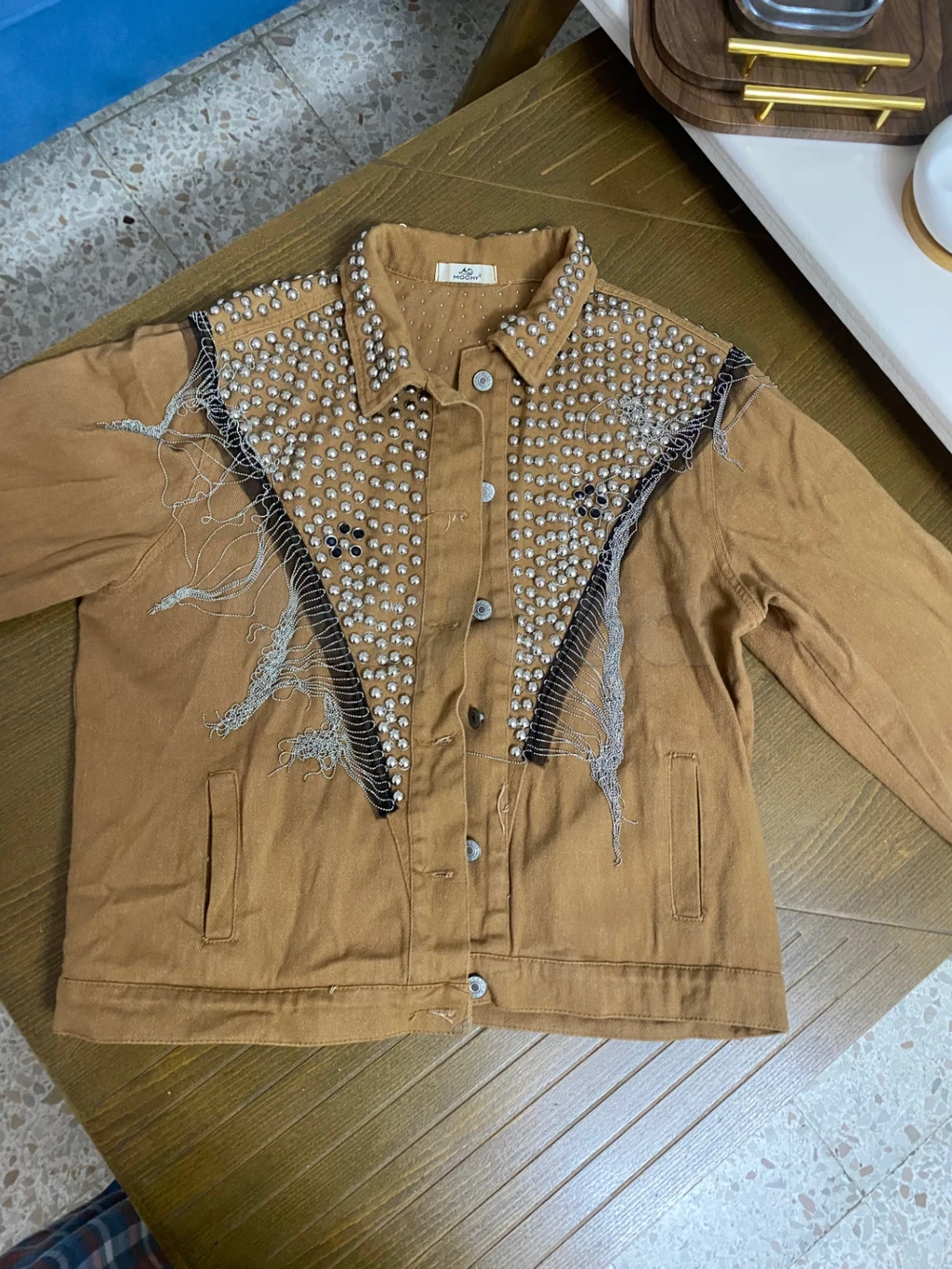 🤎 Veste en jean camel avec strass et franges ✨
