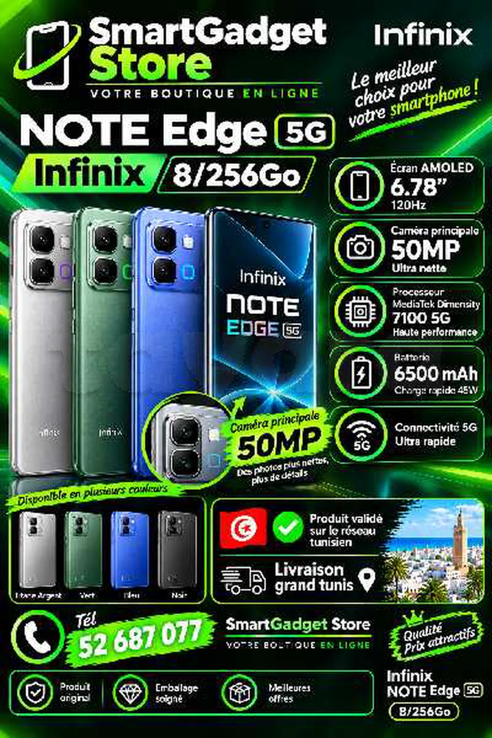 Infinix Note Edge 5G (8/256Go)Neuf cacheté Sous blister Validé 
📞52 687 077 📞