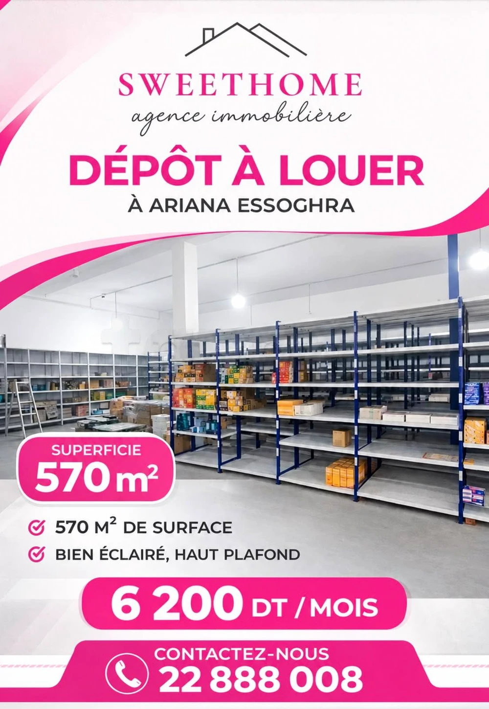 dépôt 570m² à louer à Ariana essoghra