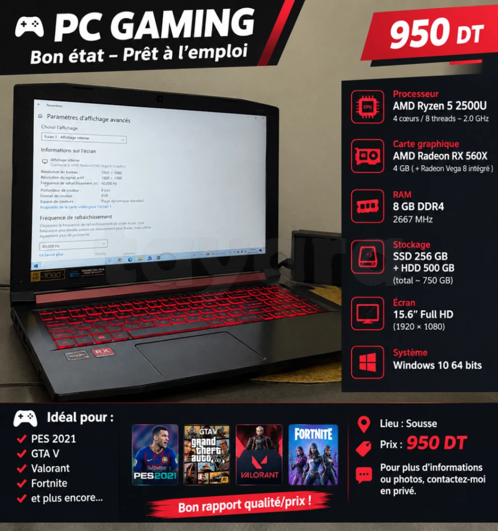 🔥 PC Gaming à vendre – 950 DT 🔥 💻