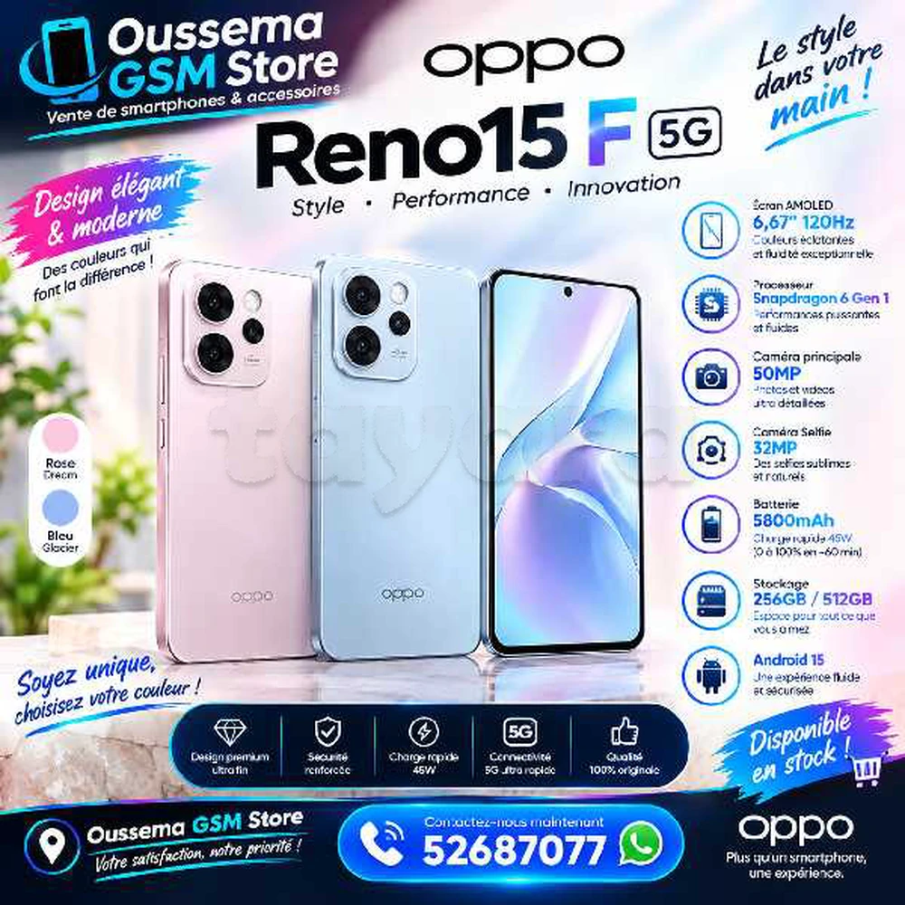 Oppo Reno 15F 5G (12/512Go)Neuf cacheté Sous blister Validé 
📞52687077📞