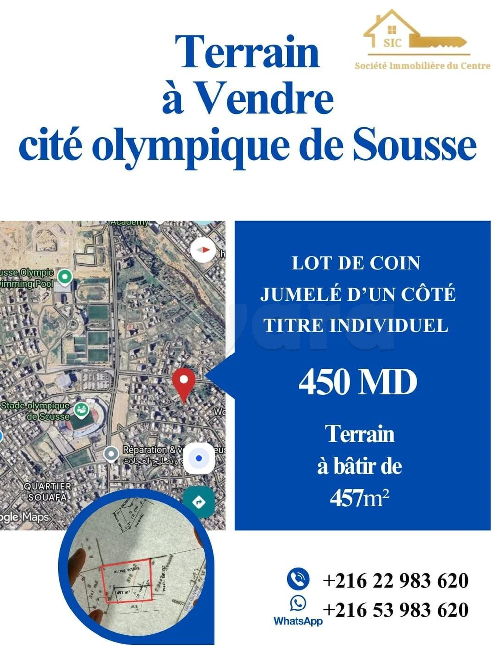 Lot de coin de 457m à city Olympique de Sousse