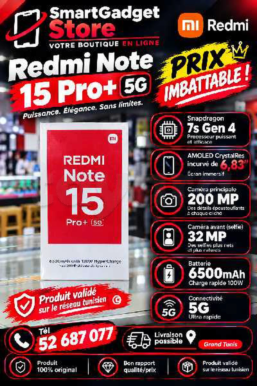 Xiaomi Redmi Note 15 pro plus ➕️ 5G (256 Où 512go) Snapdragon 🐲 7s Gen 4 Neuf cacheté 
📞52 687 077 📞