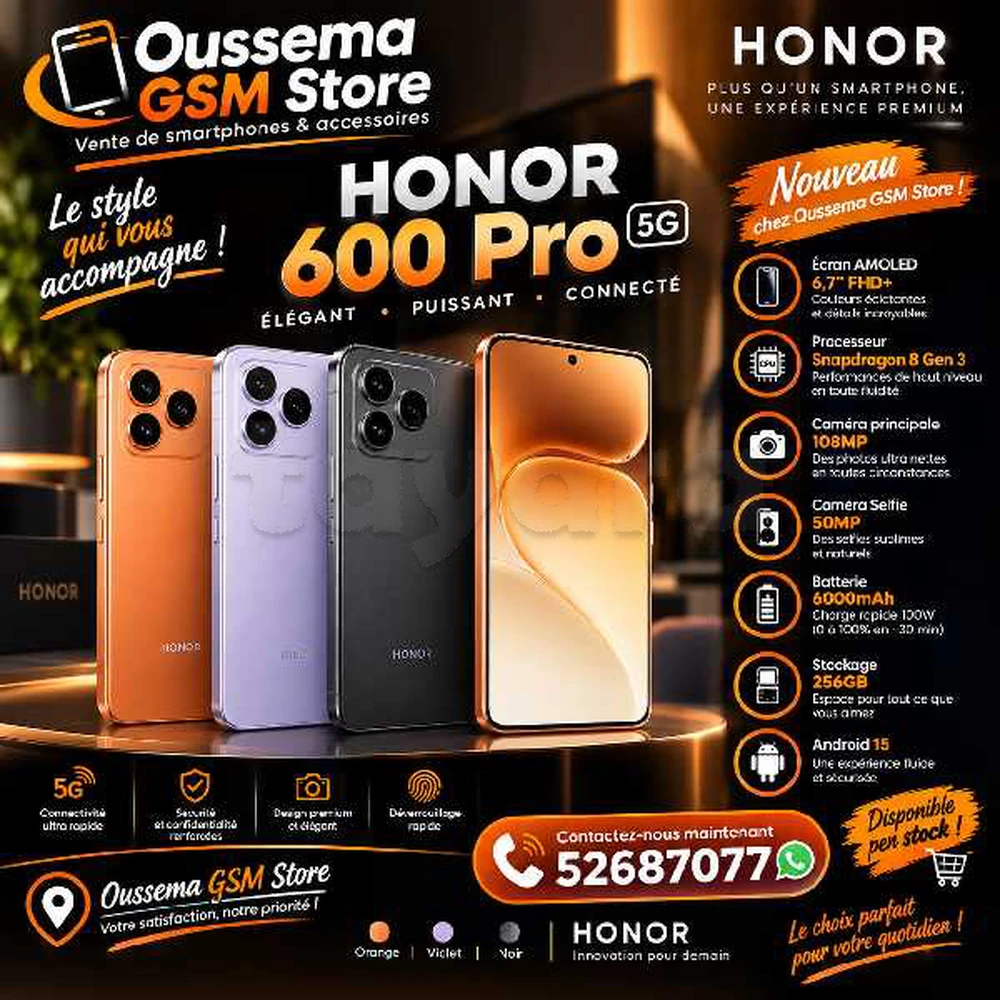Honor 600 Pro 5G (12/512Go) Snapdragon 🐲8 Elite Neuf cacheté Sous blister 
📞52687077📞