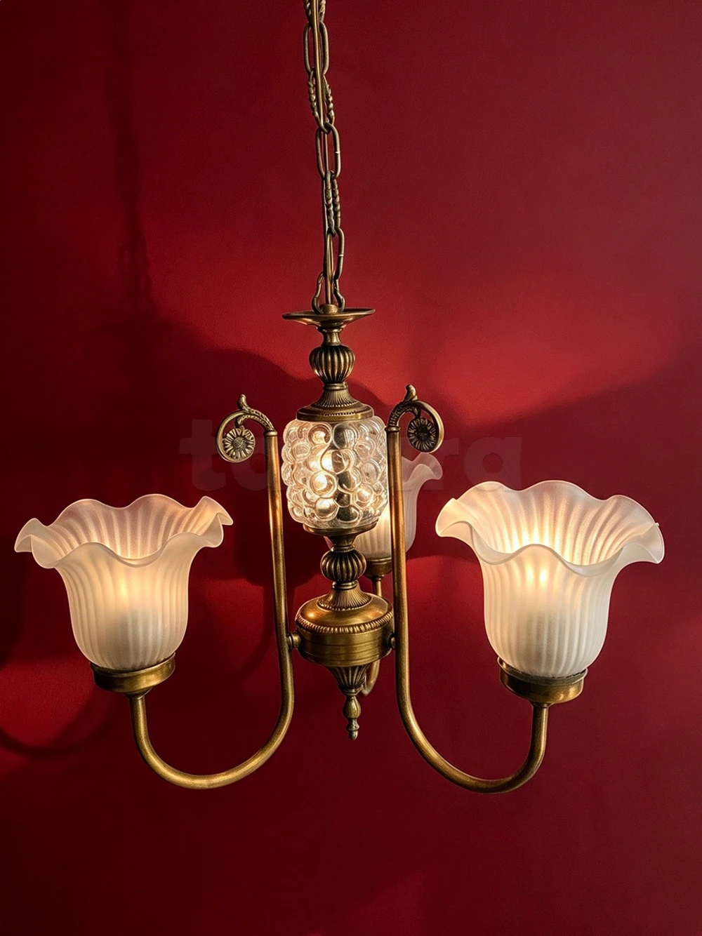 Lustre antique en cuivre et verre comme neuf 😍
