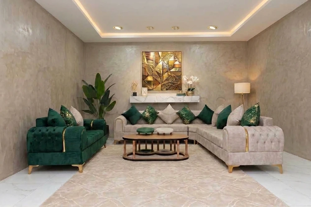 Salon moderne complet vert émeraude & beige - NEUF