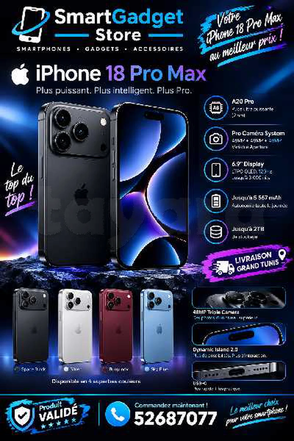 Iphone🍏18 pro Max 256Go Neuf cacheté sous blister Validé 
📞52687077📞