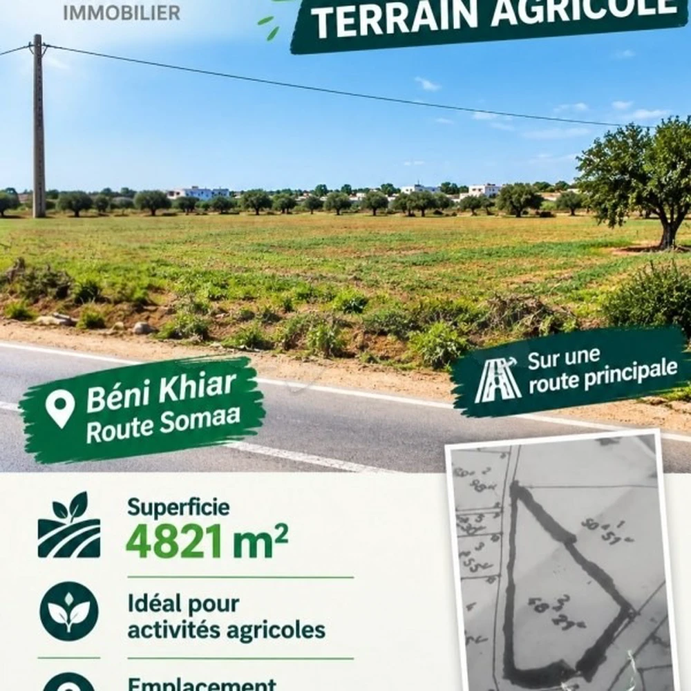 À vendre: Terrain agricole de 4821m² à Beni Khiar route Somaa, Nabeul.